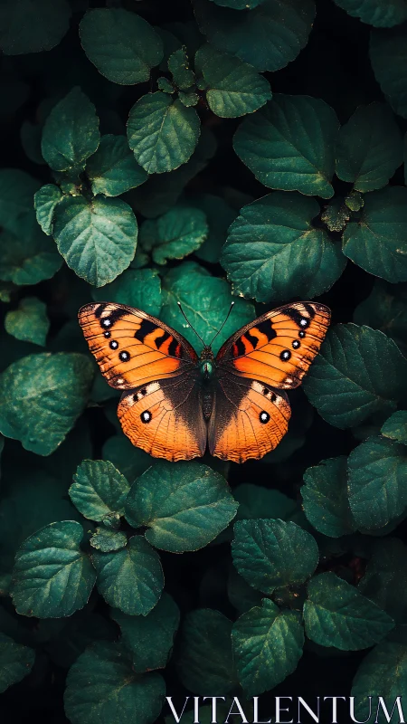 Orange butterfly on teal foliage under moody soft light.