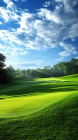 Sunlit golf fairway with sculpted greens under stratocumulus sky