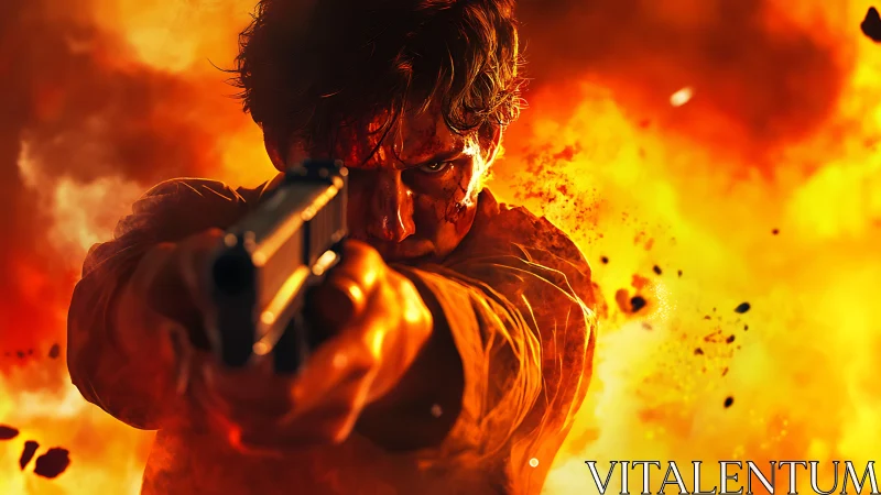 Blazing action hero holds steady aim in a storm of fire