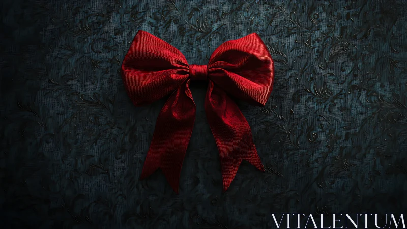 Photorealistic crimson bow on textured dark ornamental ground.