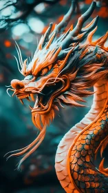 Coiled dragon head in teal and orange digital rendering.