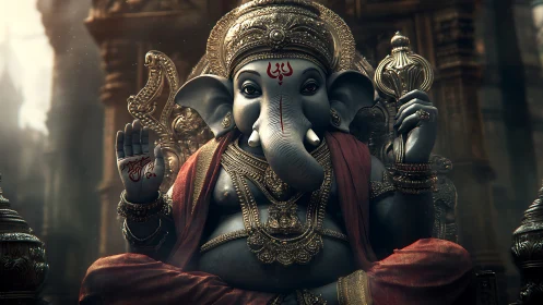 Elephant-headed deity statue is rendered with ornate details