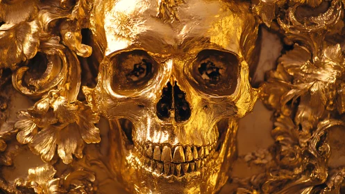 Gilded skull grins amid baroque swirls of molten gold