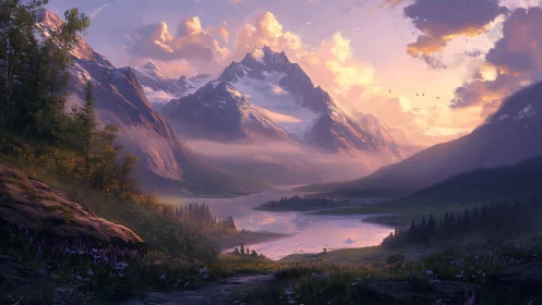 Sunlit peaks cradle a mirror lake in violet dusk hush