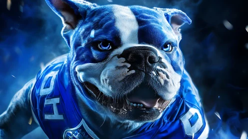 Blue-armored bulldog mascot charges through neon smoke.