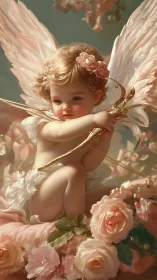 Digital painting cherub portrait with romantic floral framing.