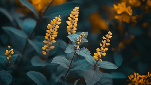 Delicate Yellow Flowers with Teal Foliage in Botanical Close-up Composition