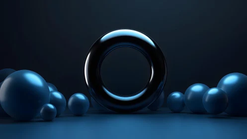 Midnight chrome torus with reflective blue spheres in void.