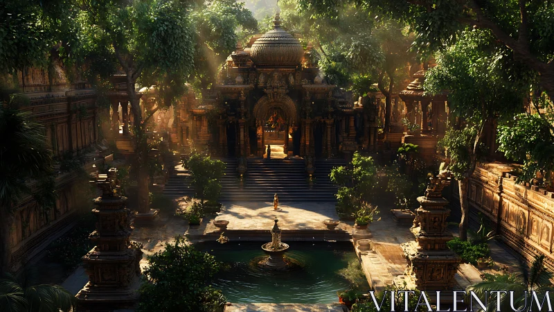 Intricate temple courtyard is surrounded by dense forest vegetation