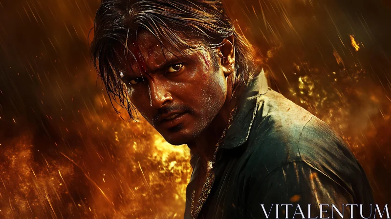 Intense man in rain against fiery orange storm background.