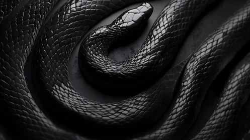 Coiled black snake body displays glossy overlapping scales