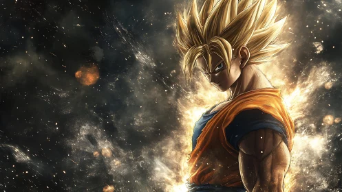 Blazing anime warrior glowing with fierce golden power.