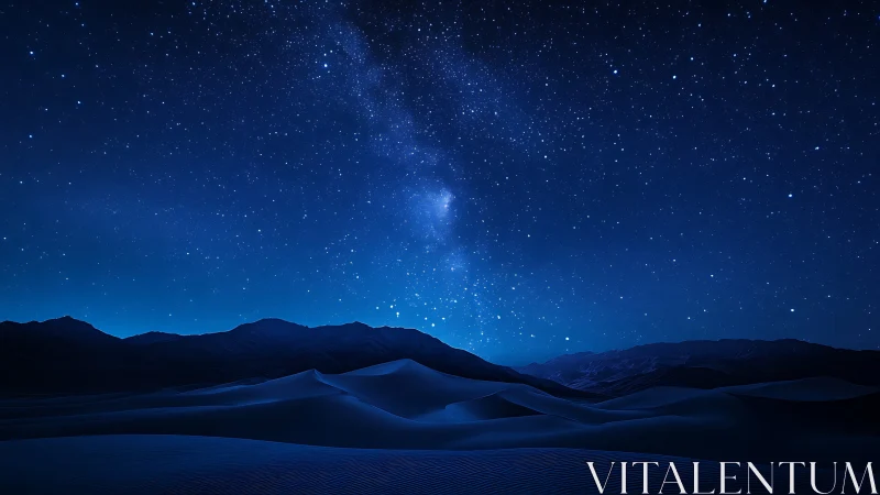 Star-filled desert night sky glows over rolling blue dunes.