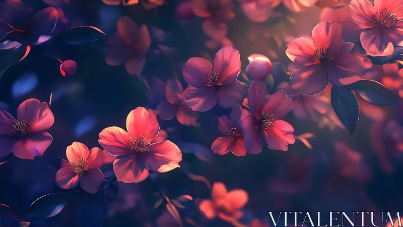 Crimson Petals Waltz Through Twilight's Glowing Dreamscape