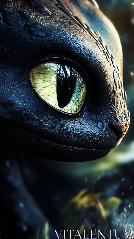 Dragon’s dew-lit gaze in emerald twilight focus study.