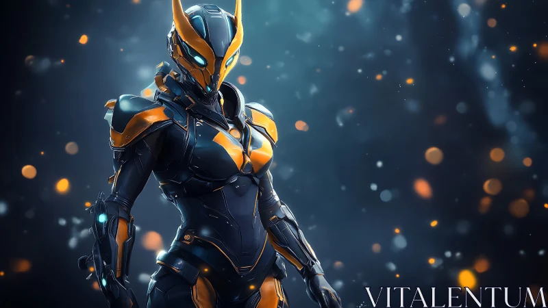 Futuristic female armored warrior in glowing exosuit.