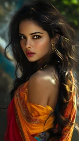 Graceful woman in vivid sari captivates with intense gaze.