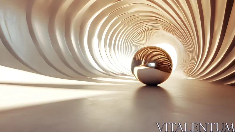 Luminous vortex tunnel cradles a mirrored wandering sphere.