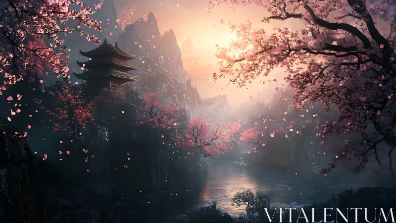 Sunlit cherry blossoms frame tranquil mountain temple valley.