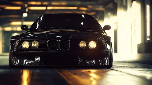 Front view of black BMW sedan in illuminated parking garage.