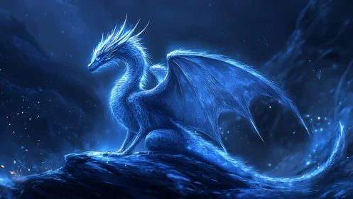 Luminous blue dragon resting on a rocky ridge at night.