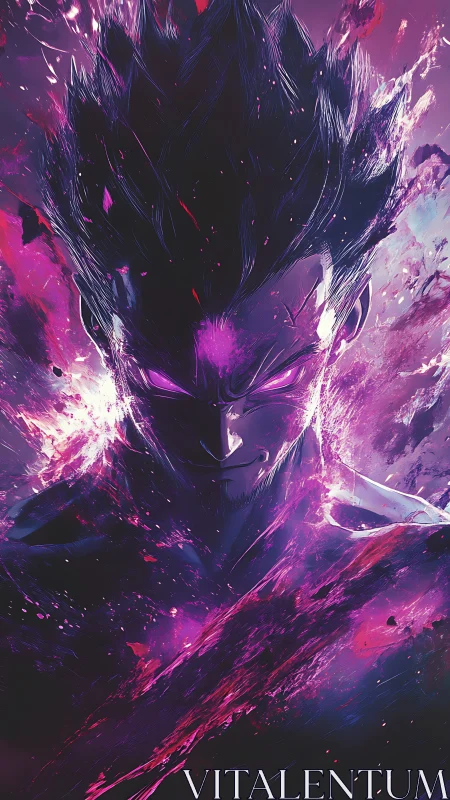 Dark energy warrior channels blazing violet cosmic power.