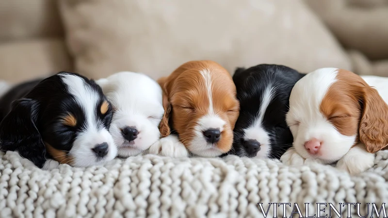 Five Cavalier King Charles spaniel puppies sleep in a row