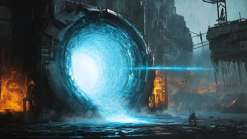 Stark rain-soaked megastructure framing luminous portal.