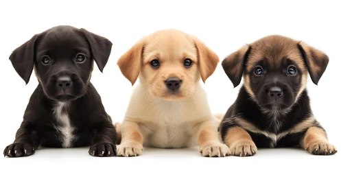 Three small puppies lying side by side on white background.