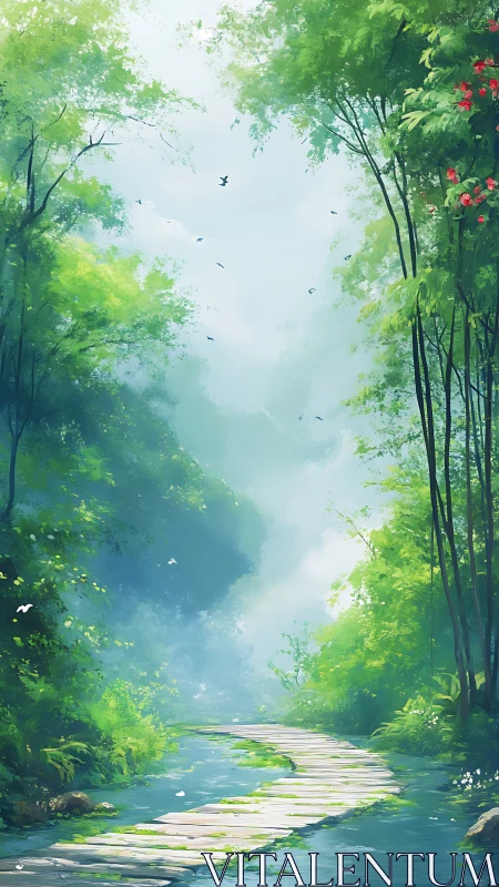 Wooden Bridge Through Misty Forest Canopy.