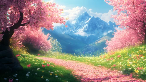 Blossom-lined mountain path glowing with gentle spring magic.