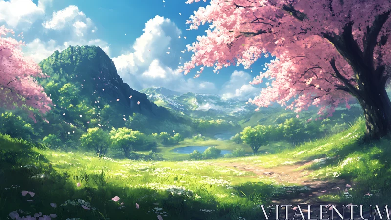 Idyllic spring valley with cherry blossoms and distant peaks.