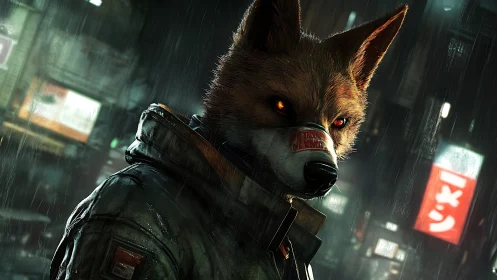 Cyberpunk fox mercenary in neon rain-soaked alleyway.