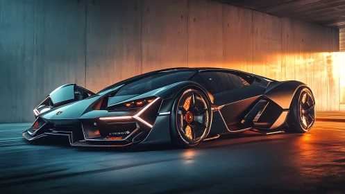 Hyper-angular concept hypercar under mixed warm and cool rim lighting