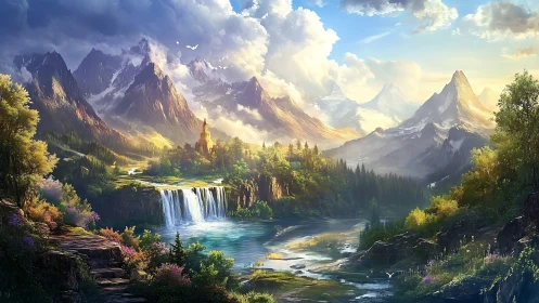 Sunlit mountain valley with waterfalls and a hidden castle.