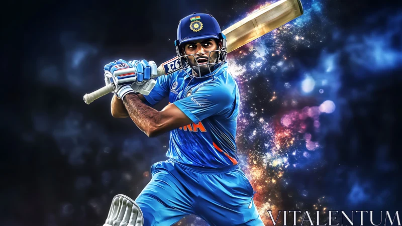 Cricket batsman launches powerful shot in cosmic arena.