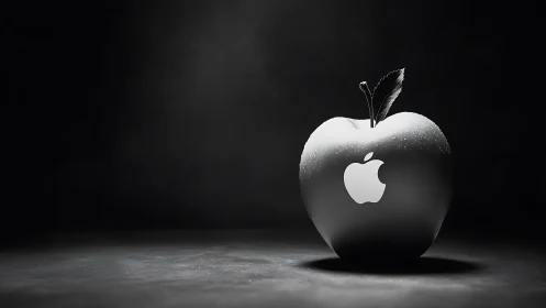 Monochrome metallic apple sculpture with brand-style emblem.