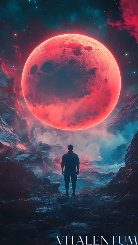 Lone explorer stands beneath a colossal neon red moon