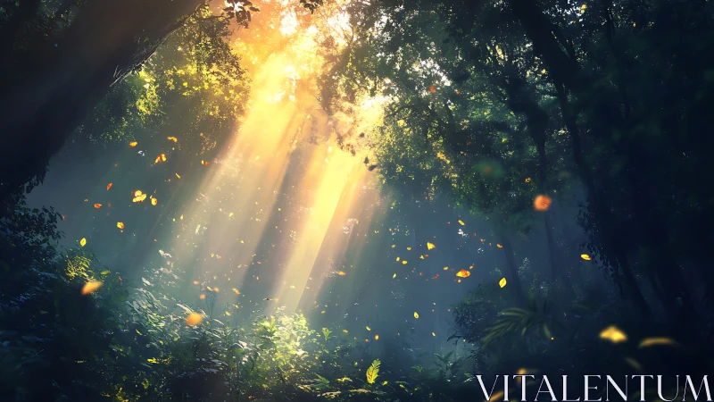 Golden sunbeams pierce a lush forest, igniting drifting leaves