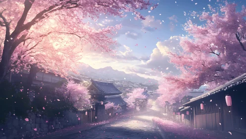 Cherry blossom lined street in traditional Japanese townscape.