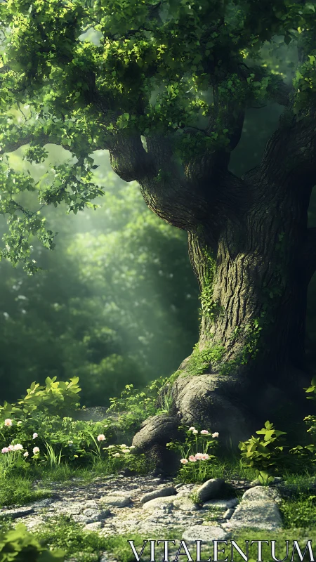 Mature tree with dense foliage in natural forest setting