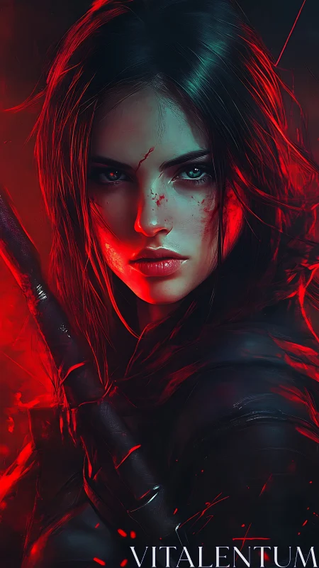 Scarred warrior portrait under cinematic red rim lighting.