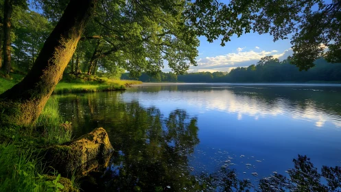 Sunlit forest lake invites a calm, reflective wanderer’s gaze