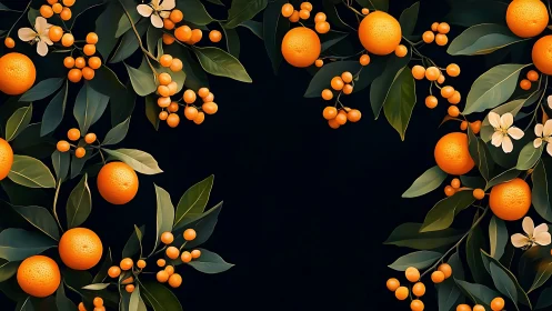 Ripe oranges and blossoms form an elegant dark-framed border.