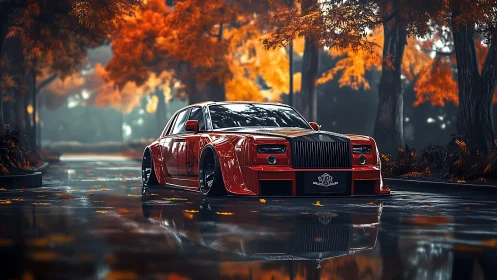 Low-slung crimson luxury glides through mirror-bright autumn