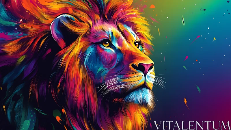 Vibrant digital lion portrait in neon cosmic palette.