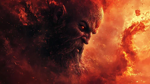 Fiery demonic bearded face emerging from swirling flames.