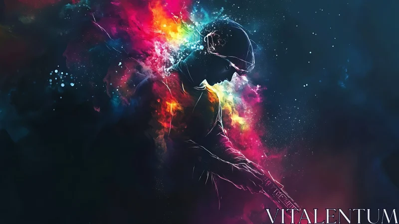 Silhouetted soldier with neon cosmic color explosion.