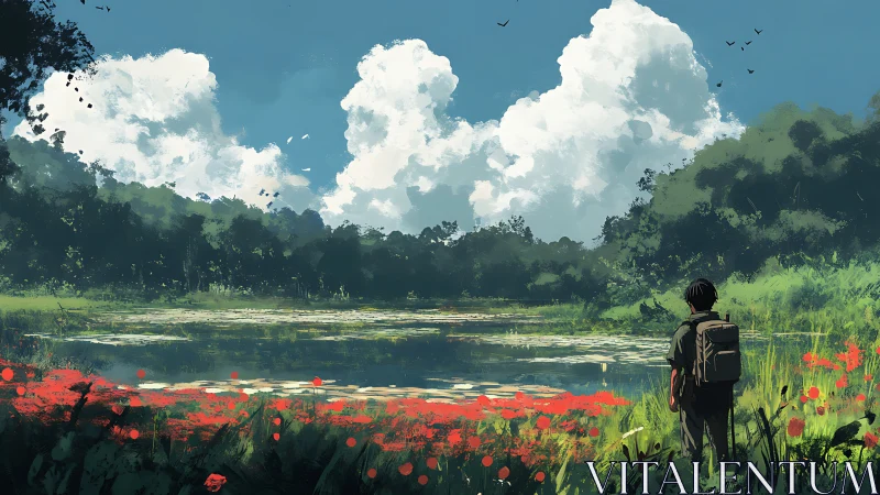 Digital painting landscape with lone hiker at reflective pond.