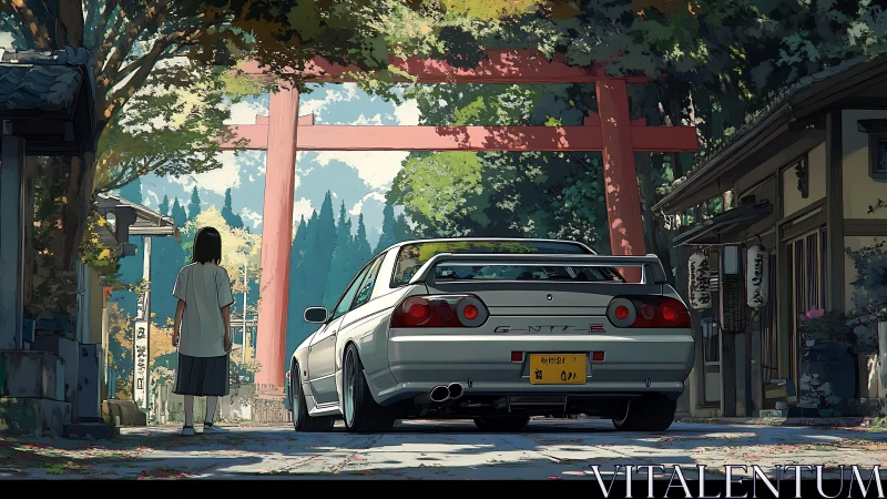 Rear view of sports car at shrine gate in village street.